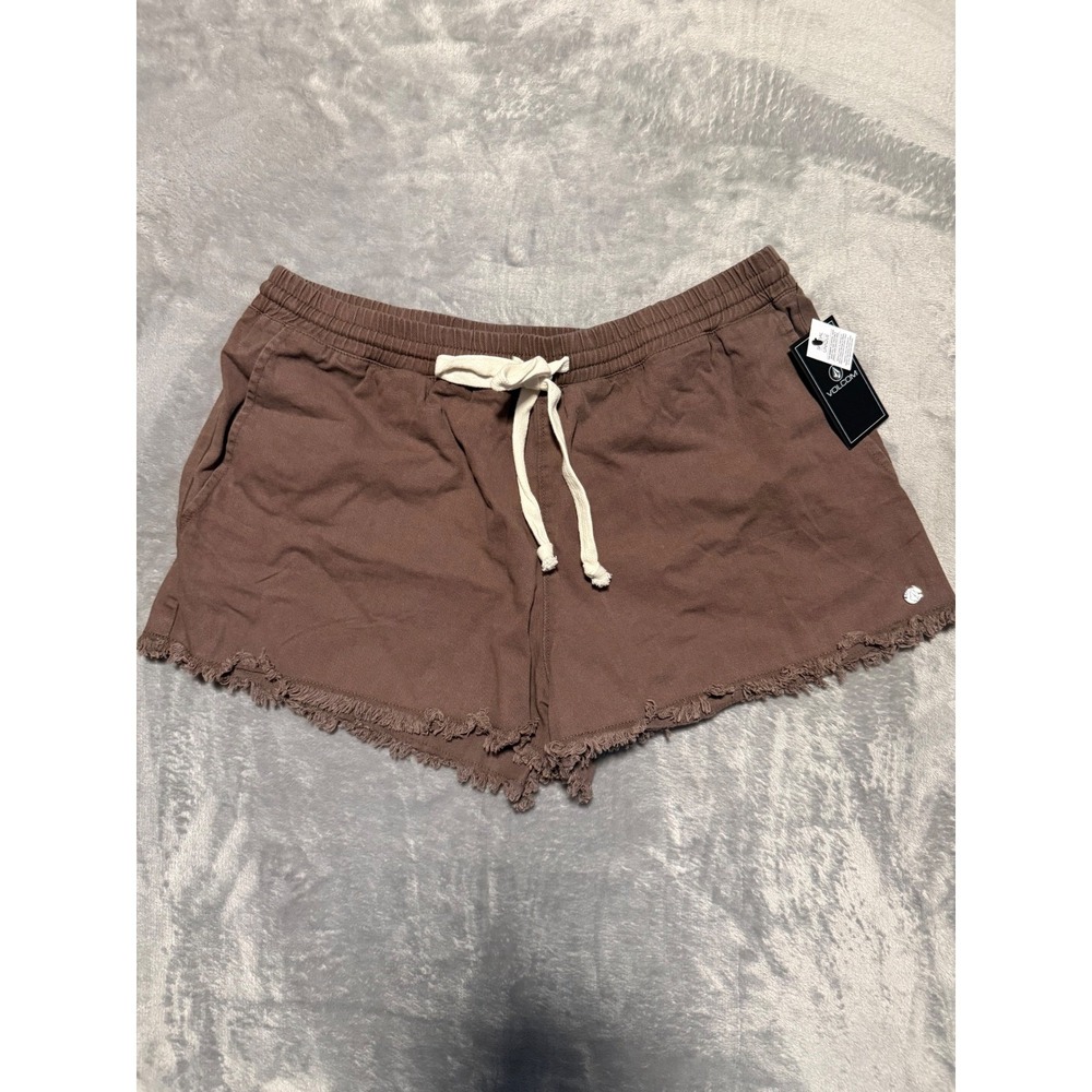 Volcom Shorts Women Large L Brown Frayed Hem Elastic Waist Drawstring Casual